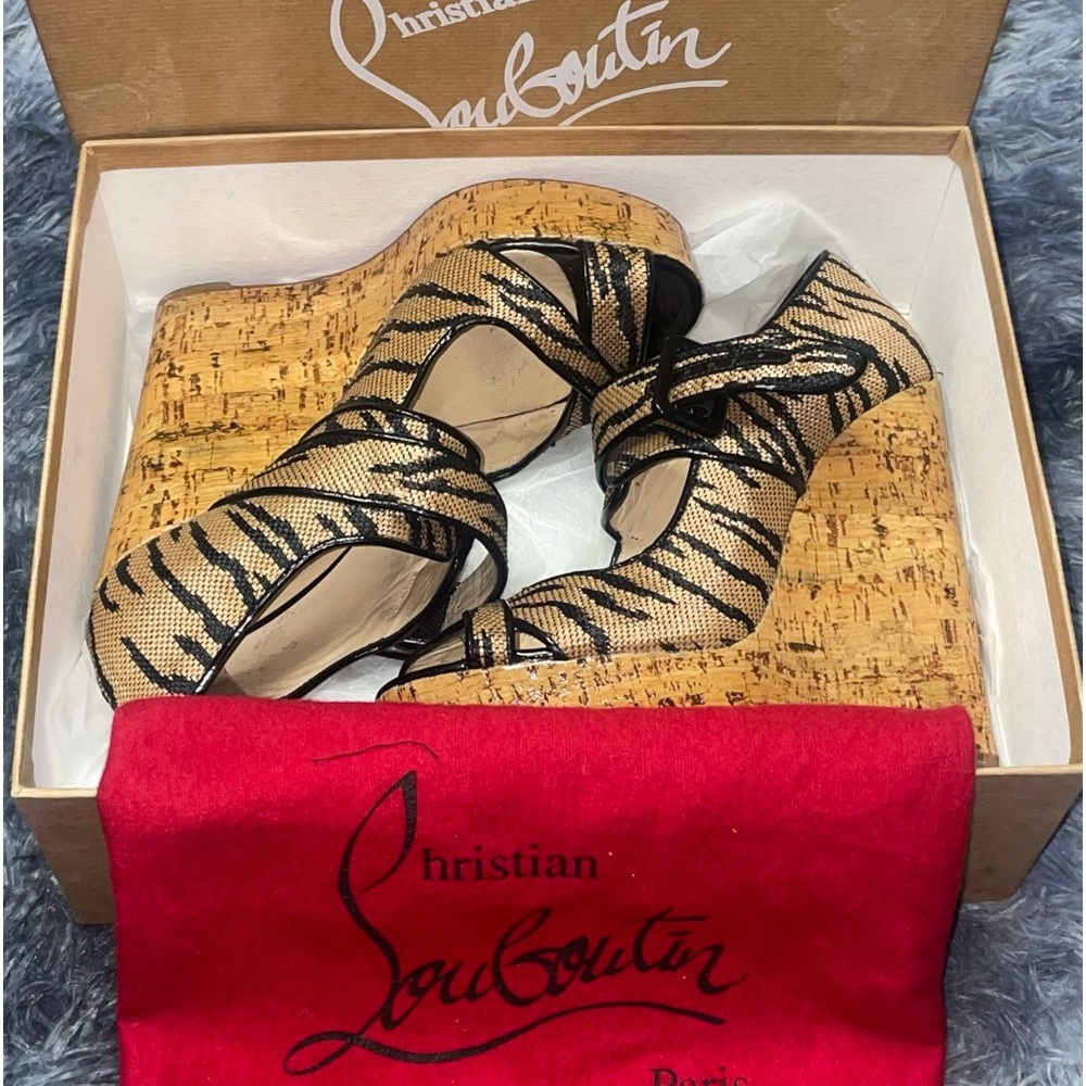 Christian Louboutin Melides 140 Panama Tiger Cork Wedges, Size 39, 5’inch heels